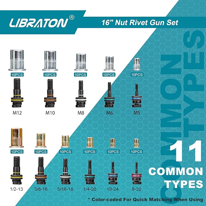 LIBRATON 16" Rivet Nut Tool, Rivet Nut Gun, Hand Rivet Nut Setter with 110PCS Rivet Nuts, 11PCS Metric & SAE Interchangeable Mandrels and Carrying Case, Easy Replace