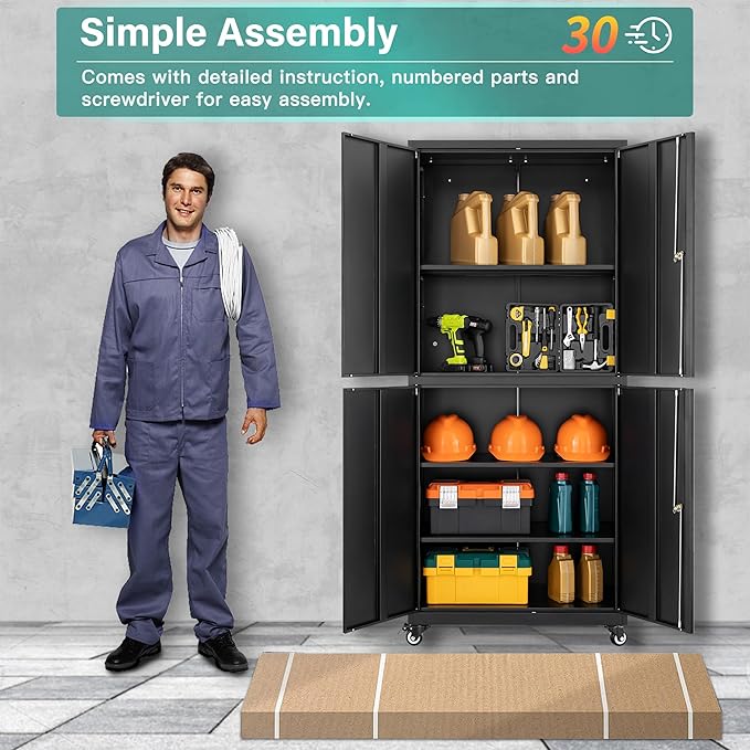 SISESOL Metal Storage Cabinet with Wheels,73" Rolling Garage Storage Cabinet with Lock,Black Metal Cabinets with Shelves and 4 Doors,Tall Tool Cabinets on Wheels for Garage,Home,Office,Shop