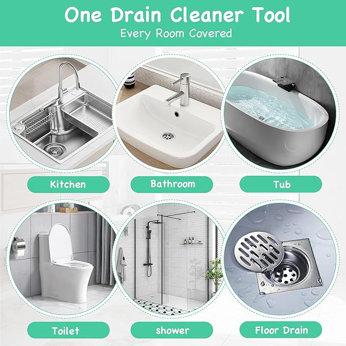 Drain Clog Remover Tool – 30”Anti-break Steel Sink Snake Hair Drain Cleaner Tool, Plumbing Snake with Rotating Handle & 6 Refills, Drain Hair Remover for Shower, Toilet, Kitchen Sink, Bathtub. 6-Pack