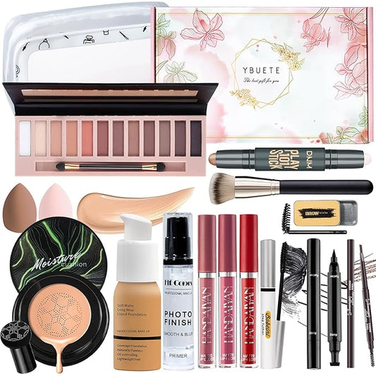 Makeup Kit Set for Women, Makeup Present for Women Teens Girl, Eyeshadow Palette Foundation CC Cream Primer Brush Spong Contour Lipstick Eyebrow Soap Mascara Eyeliner Cosmetic bag-VeraVaultWomen