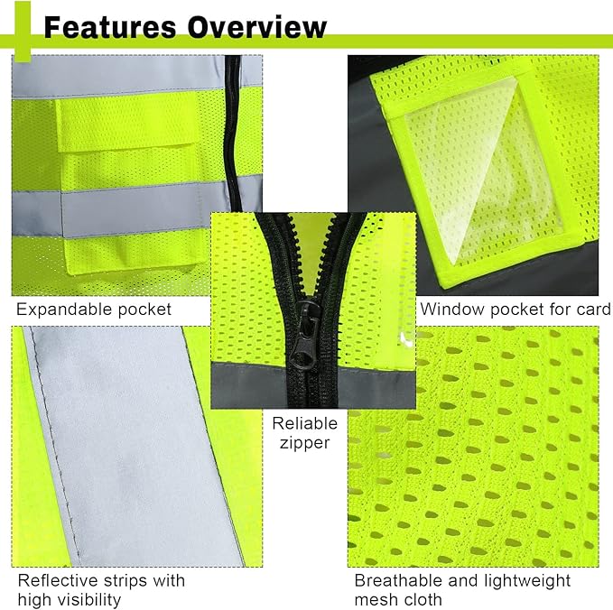 15 Pack Safety Vests Bulk Yellow Reflective High Visibility Vest with Mesh Pocket Zipper, Hi Vis Silver Strip for Men, Neon