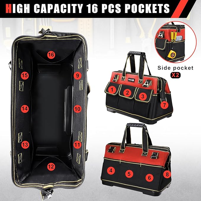 20 in Tool Bag For Men with Waterproof Molded Base, High Capacity Wide Mouth Tote, Construction Worker Electricians Tool Bags, Large Tool Bag Organizer for Men Women (Red)