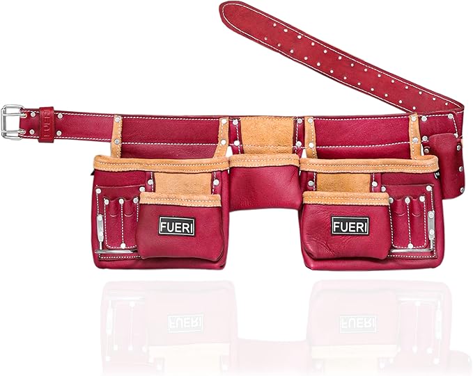 FUERI Leather Tool Belt Bag Men Pouch Heavy Duty Tools Pouches Organizer for Carpenter Construction Electrician Belts Bags Holder (11 Pocket Maroon, Adjustable)