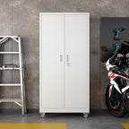 Aobabo 71" H×32" W×16" D Metal Storage Cabinet with Wheels, Garage Steel Storage Cabinet with 5 Adjustable Shelves and 4 Hooks for Home Office, Kitchen, White, Assembly Required