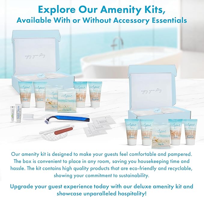 1-Shoppe Aqua Organics Amenity Kit | Boxed Hotel Toiletries Bulk Set | 1 oz Shampoo, Conditioner, Lotion, Body Wash & Bar Soap | 75 Sets per Case