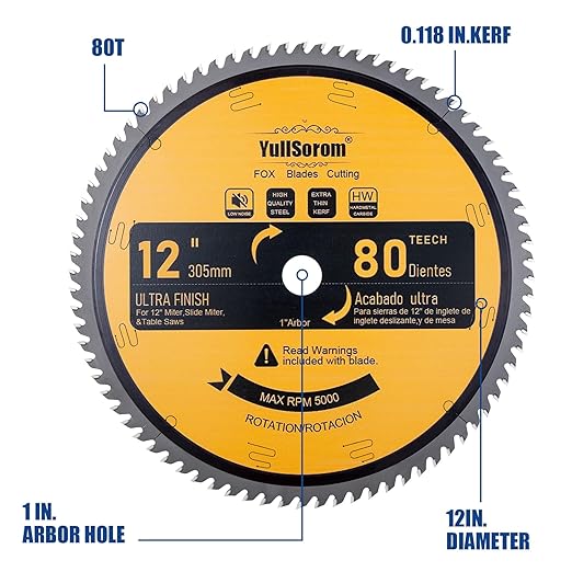12-Inch 80-Tooth Miter/Table Saw Blades TCT Fine-Finish Professional Woodworking Saw Blade for Miter Saws and Table Saws with 1-Inch Arbor