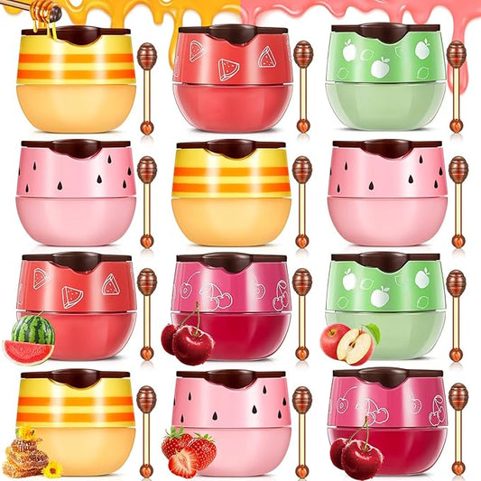 12 Pcs Bee Lip Balm Honey Pot with Brush Propolis Lip Mask Overnight, Moisturizing Hydrating Lip Sleeping Mask Prevention Dry and Cracked(Honey+Strawberry+Watermelon+Apple Lime+Cherry)-VeraVaultWomen