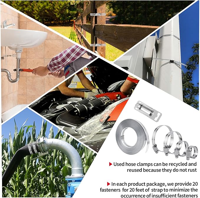 Hose Clamps 20FT Strap+20 Fasteners,DIY Cut-To-Fit 304 Stainless Steel Adjustable Large Worm Gear Band Clamp Assortment Kit,Metal Screw Fasteners and Strapping for Pipe,Duct,Pole,Tube