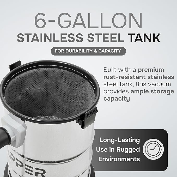 6 Gallon 3.0 Peak HP Wet/Dry Vacuum, Stainless Steel Tank, 3 in 1 Function Portable Shop Vacuum with Attachments, Ideal for Jobsite, Garage & Workshop.