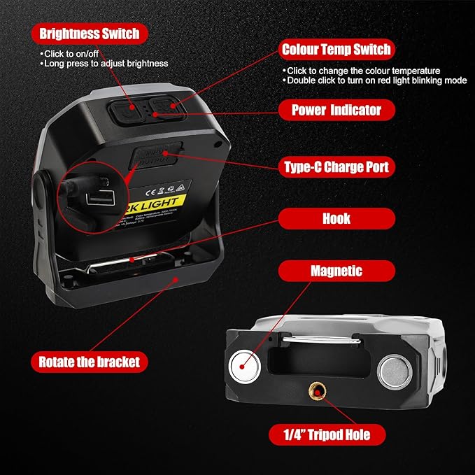 SUNPRO Magnetic Work Light Rechargeable, Portable FloodLight with Hook, Stepless Dimmable for Camping Car Repairing Emergency Job Site Lighting(2, Grey)