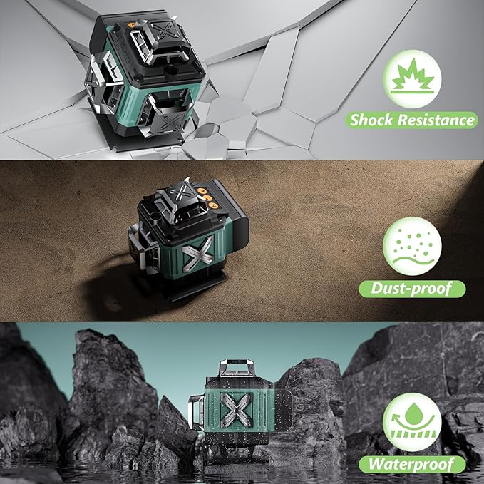 16 Line Laser Level, 4x360° Green Laser Line Self-Leveling Tool, Upgraded IP65 Metal Housing, Lazer Leveler Tool for Construction and Hanging Pictures, 2 Batteries & Remote Control