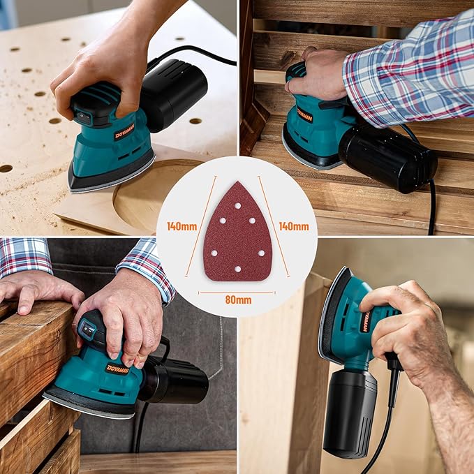 DLS03A Detail Sander, 1.1 Amp Hand Sander with Dust Collector, 12000 RPM Compact Palm Sander with 12 Pcs Sanderpapers, Low Vibration, Lightweight Hand Sander for Wood and Steel Surface