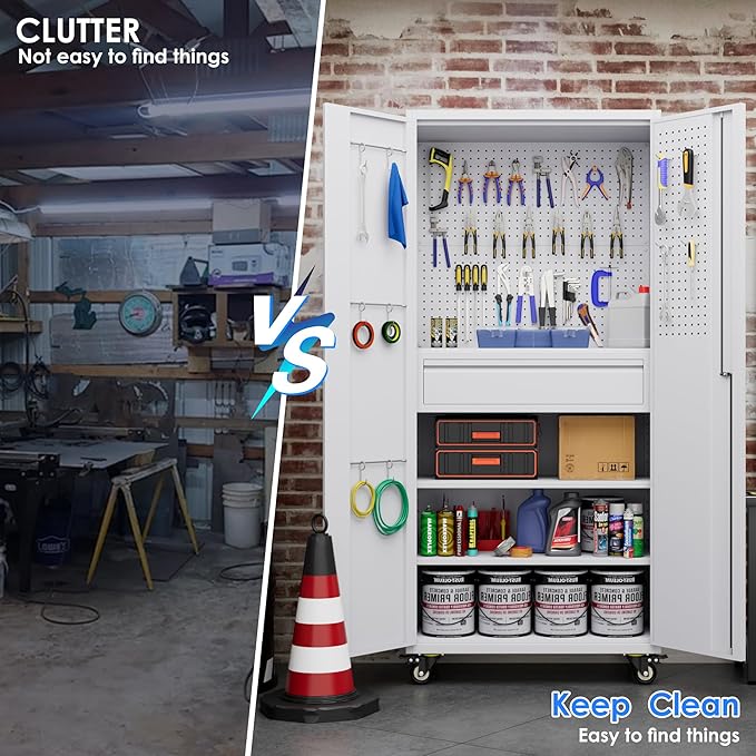 71" Metal Garage Storage Cabinet with 16 Hooks and Pegboards,1 Drawer Inside Rolling Tool Storage Cabinet with Adjustable Shelves,3 Metal Hanging Rod for Garage,Warehouse(White)