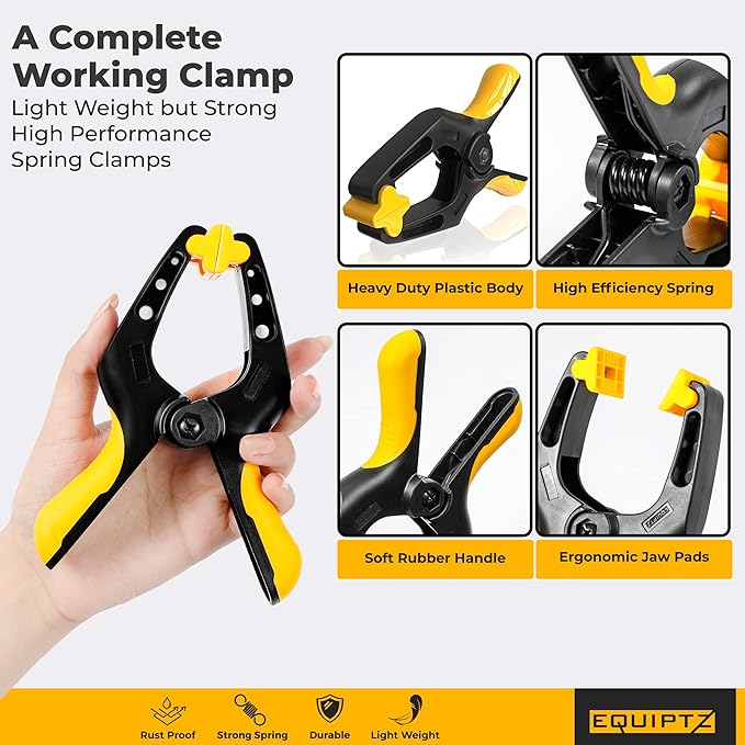 6 inch Spring Clamps Heavy Duty - 4 Pack Large Plastic Clamps for Woodworking, Crafts, Backdrop and Pool Cover with 3 inch Mouth Opening - Rust Free Spring Clips with Non-Detachable Jaw Pads