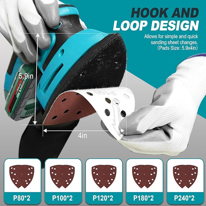 1.9Amp Cordless Detail Sander Compatible with Makita 18v Battery, Dust Collector, Brushless 12,000 OPM Speed, Compact Soft Palm Grip, 10pcs Sanding Pads, 2.0Ah Charger & Battery Kit (Blue)