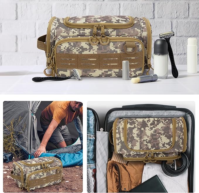 Tactical Toiletry Bag for Men, Hanging Hygiene Bag, Travel Dopp Kit Organizer for Shaving, Shower Essentials and Toiletries, Desert Yellow (Empty Bag)