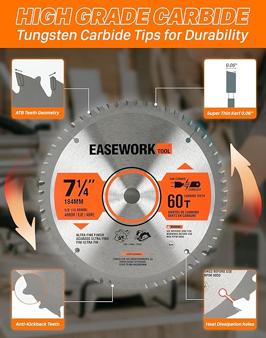 EASEWORK 7-1/4 Inch Circular Saw Blade, 60T, 5/8" Arbor, ATB TCT, 3-Pack, Ultra-Fine Finishing for Softwood & Hardwood Crosscutting, Fits DEWALT DCS570B, DCS577B, DWA171460, Diablo D0760A