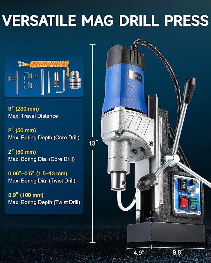ZELCAN Mag Drill Press, 1550W Portable Magnetic Drill Press with 2" Boring Diameter, 0-580 rpm Stepless Speed & Reversible Direction, 2922 lbf Mag Force Electric Drilling Machine for Metal Surface