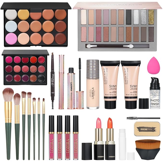 Makeup Kit Full Multi-Purpose Beauty Set Festive Gift Box - Highly Pigmented Palette Combination Lips Facial Brows Eye Makeup Brush for Essential Starter - Full Makeup Kit for Women-VeraVaultWomen
