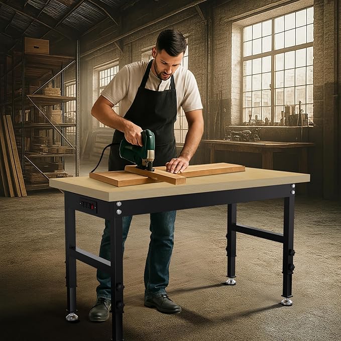 48” Wood Work Bench Work Table, Heavy-Duty Adjustable Workbench with Power Outlets, 3000 Lbs Capacity Tool Bench Workstation for Garage, Workshop