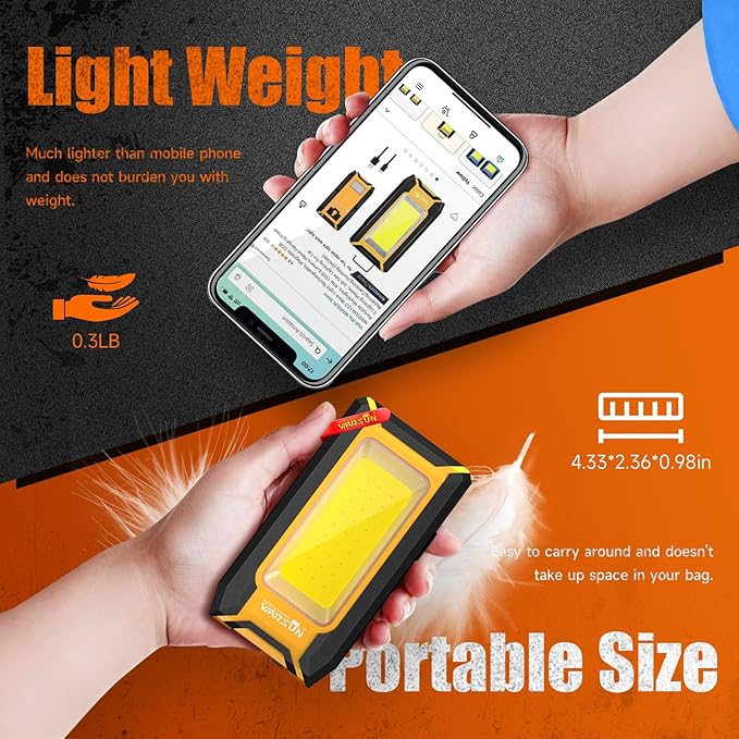 WARSUN LED Work Light Rechargeable, Magnetic COB Portable Worklights, 40w 1500 Lumens,Metal Hanging Hook 3 Lighting Modes, Job Site Lighting for Car Repairing,Camping,Hunting (Yellow)