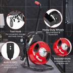 50 FT x 1/2 Inch Drain Cleaner Machine with 250W Motor, Manual Feed Sewer Snake Auger with 4 Cutters & Air-Activated Foot Switch, Semi-Enclosed Drum Drain Cleaning Tool for 2" to 4" Pipes