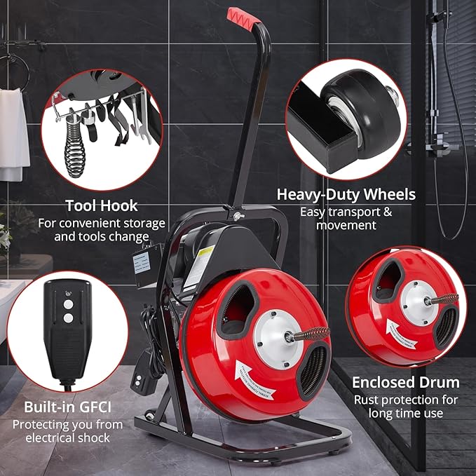 50 FT x 1/2 Inch Drain Cleaner Machine with 250W Motor, Manual Feed Sewer Snake Auger with 4 Cutters & Air-Activated Foot Switch, Semi-Enclosed Drum Drain Cleaning Tool for 2" to 4" Pipes