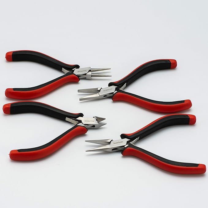 The Beadsmith Ergonomic Pliers Set – Extra Fine Tips – 5 Inches, 4-Pieces: Round Nose, Chain Nose, Flat Nose & Semi-flush Side Cutter – Leatherette Carrying Case Included – Tools for Jewelry Making
