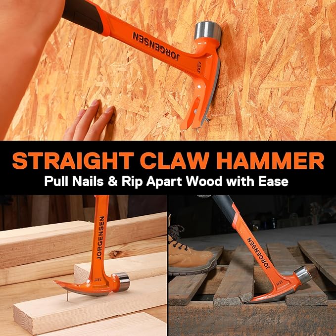 Jorgensen 22 oz Framing Hammer, Straight Claw Hammer with Magnetic Nail Holder, Rip Claw Hammer with Milled Face & Shock Absorbing Grip, Heavy Duty One-piece Forged Hammer
