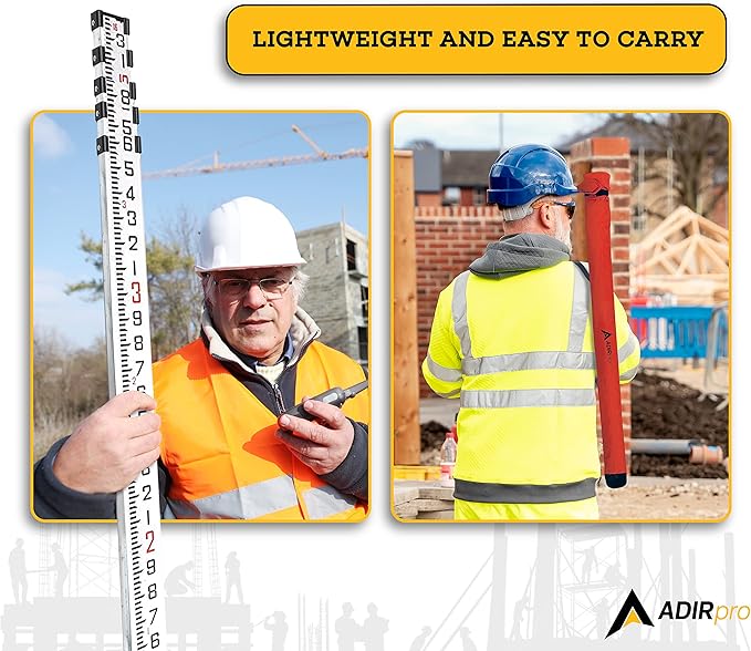 AdirPro 16-Foot Aluminum Grade Rod - 10ths, Dual Sided 5-Section Telescopic Leveling Rod – Bubble Level and Soft Carrying Case Included