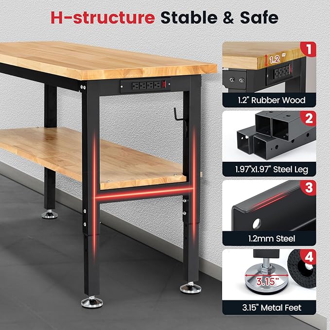 Work Table for Garage 60 x 22 Inch Adjustable Height Workbench Heavy Duty Rubberwood Tabletop Work Bench with Power Outlets Pegboard Pad for Woodworking Shop, Home, Office