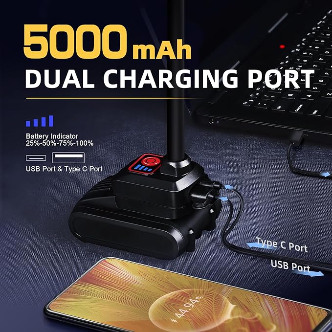 LED Work Light, 5000mAh Magnetic Gooseneck Light Rechargeable, 2000 Lumen 360°Flexible Mechanic Lamp with Hook, Job Site Lights for Men, Work Bench, Auto-Repairing, Emergency, Power Outage