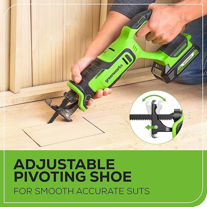Greenworks 24V Cordless Brushless Reciprocating Saw, 3,000 SPM, 1" Stroke Length, Compact Design, Includes 2.0Ah Battery & Charger