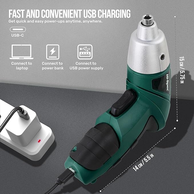Hi-Spec 19pc 3.6V Green USB Small Power Screwdriver & Home DIY Tool Kit Set. Cordless & Rechargeable Electric Screwdriver and Compact Hand Tool Box Set