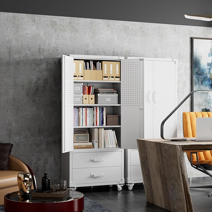 Aobabo 2 Large Drawer Metal Storage Cabinet with Wheels, Lockable Steel Storage Cabinet with 3 Adjustable Shelves with 6 Hooks for Home, Office, Garage, Classroom, White, Assembly Required
