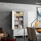 Aobabo 2 Large Drawer Metal Storage Cabinet with Wheels, Lockable Steel Storage Cabinet with 3 Adjustable Shelves with 6 Hooks for Home, Office, Garage, Classroom, White, Assembly Required