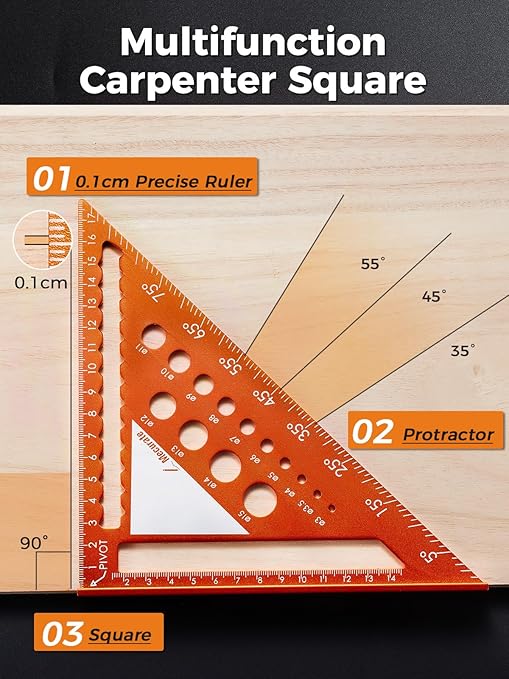 Mecurate Metric Aluminum Alloy Rafter Square (18cm) with 2-in-1 Carpentry Pencil - Durable Measuring and Marking Tool for Woodworking, Construction, and DIY Projects