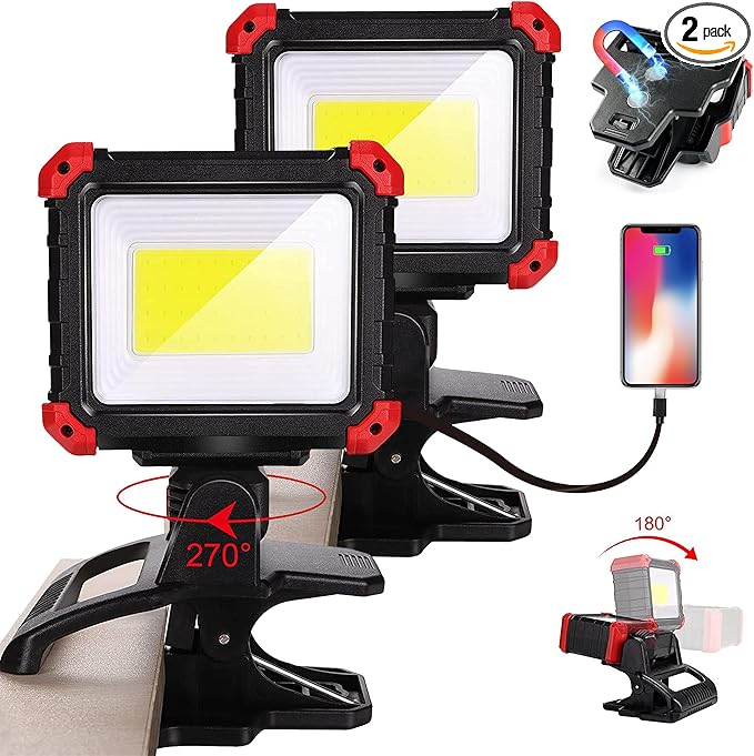 Yls 2pack LED Work Light, 2100LM Rechargeable COB Magnetic Clip on Work Light with 3 Light Modes, 270°& 180°Rotatable Portable Clamp Worklight for Car Repairs, Grilling, Camping, Emergency Use
