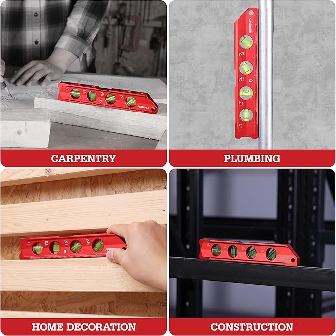 ARROW 8-Inch Torpedo Level, Magnetic Level Tool with 0°/30°/45°/90° Bubbles, Top-view Windows, Aluminium Alloy Frame, Dual Metric and SAE Scales