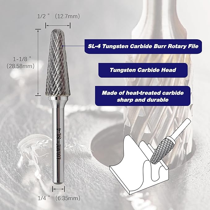 Carbide Bur: Ball-Nosed Cone, SL-4, Double Cut, 1/2" x 1 1/8" Head, 1/4 Inch Shank,Tungsten Carbide Made, for Metal Carving, Polishing, Engraving, and Drilling by LU&MN