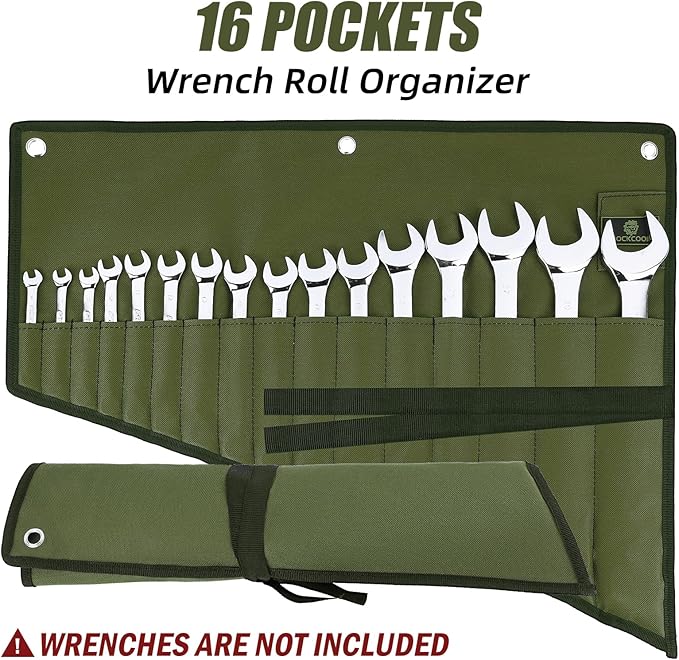 Wrench Roll Organizer 16 Pockets, Wrench Pouch Roll Up with Water Proof Oxford Cloth, Tool Roll Bag for Wrenches Organization, Green