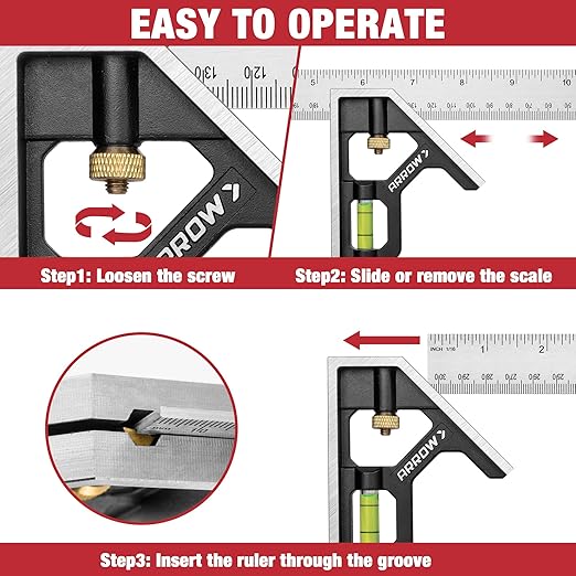 Arrow Combination Square, 12-Inch Combo Square with Stainless Steel Ruler, Zinc Alloy Body and Bubble Level for Carpenters and Craftsmen
