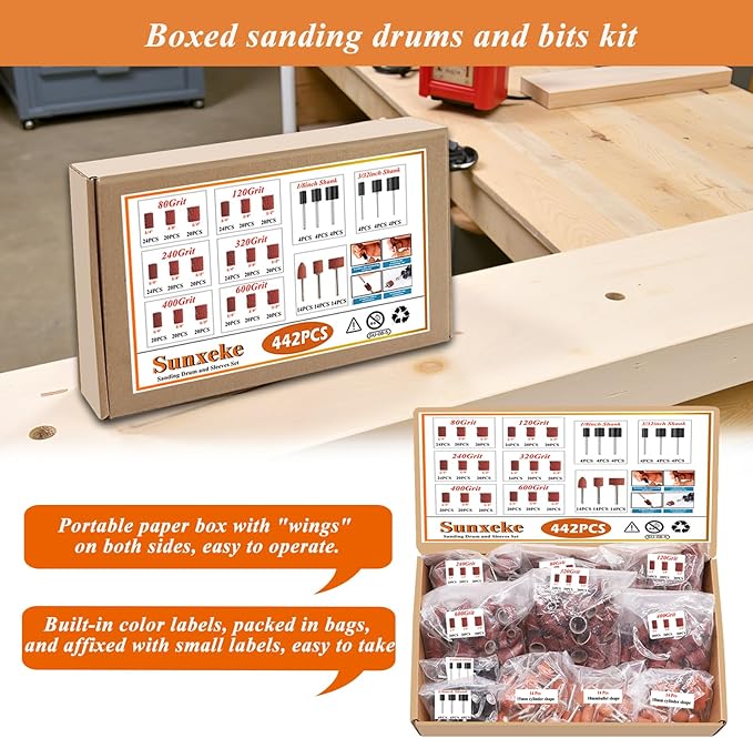 442 Pieces Sanding Drums Kit for Dremel Rotary Tool,Drum Sander Sleeves 376pcs (80 120 240 320 400 600Grit),24Pcs Drum Mandrels and 42 Sanding Bits,Sanding Bits Tool Accessories with Box