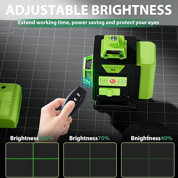 Laser Level 360 Self Leveling, 4 * 360° Green Cross Line Lazer Leveler Tool, Professional 4D Laser Level for Picture Hanging and Construction, Remote Control & 2 Batteries