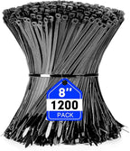 Zip Ties, RAZCC 1200pcs Black Cable Zip Ties 8 Inch, Heavy Duty Plastic Wire Ties with 50lb Tensile Strength, Self-Locking Black Nylon Tie Wraps for Indoor and Outdoor