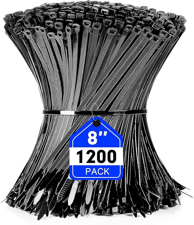 Zip Ties, RAZCC 1200pcs Black Cable Zip Ties 8 Inch, Heavy Duty Plastic Wire Ties with 50lb Tensile Strength, Self-Locking Black Nylon Tie Wraps for Indoor and Outdoor