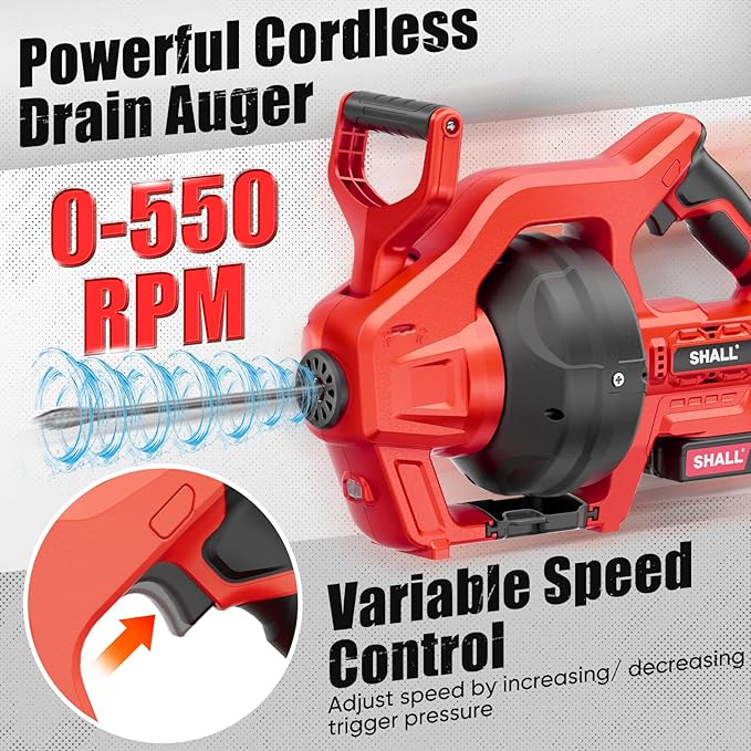 SHALL 20V Cordless Drain Auger with 25Ft Plumbing Drain Snake, Electric Snake Drain Hair Clog Remover W/ 2.0Ah Battery & Fast Charger, Shower Drain Snake for 3/4’’-2’’ Sewer Pipe, Sink Toilet Bathroom