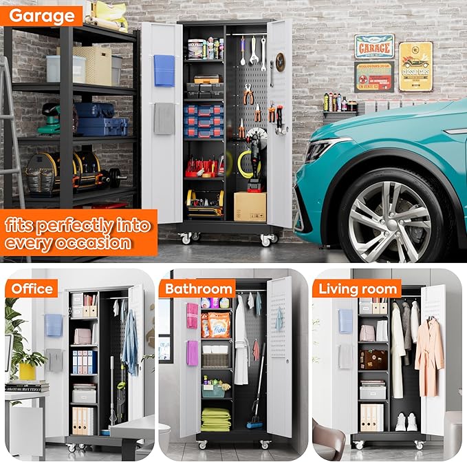 71" H Broom Storage Cabinet with Wheels and Doors,Rolling Tool Cabinet with Pegboard,Shelves and Rod for Garage Warehouse Home,Required Assembly,Black and White