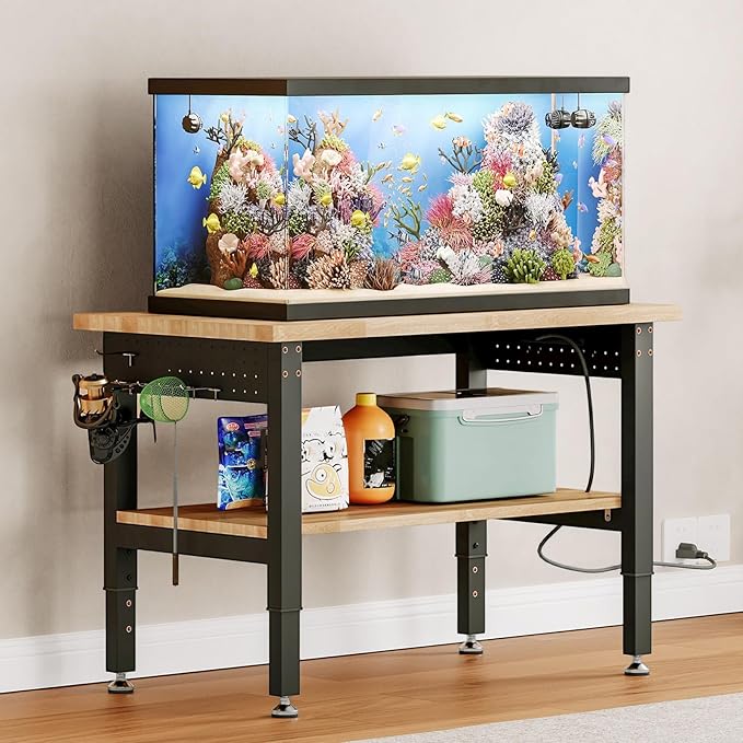 SPECRAFT Adjustable 2-Tier Workbench with 4 AC Outlet and 2 USB Ports Power Outlets, 2000 Lbs Capacity Heavy Duty Workbench, Rubber Wood Top for Garage, Workshop, Office（48x20in）