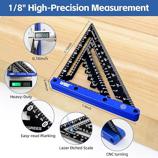 7inch Rafter Square with Carpenter Pencil, 1/8" Precision Heavy Duty Aluminum Woodworking Rule,Laser Etched Scale, Triangle-Ruler Measuring Layout Tool -Blue (Blue & Black)